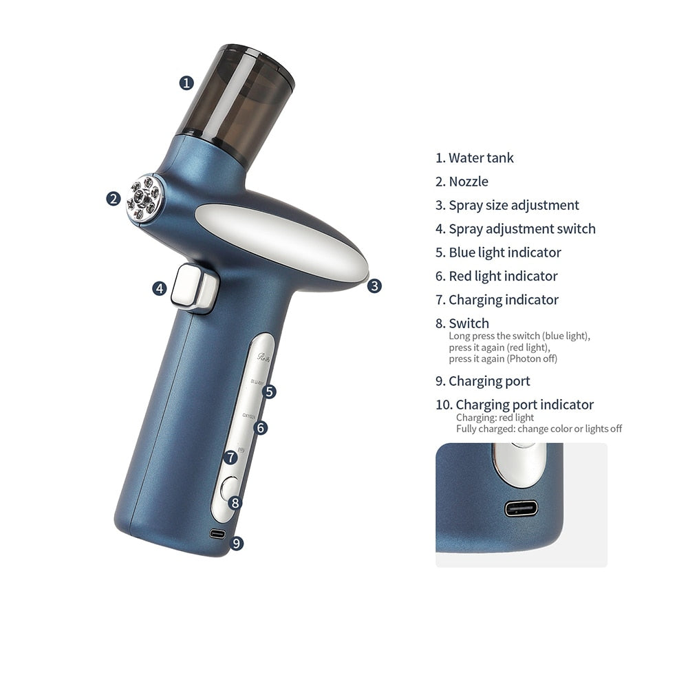 HYDRAGLOW Red & Blue LED Oxygen Skin Rejuvenator Nano Mist Airbrush Gun