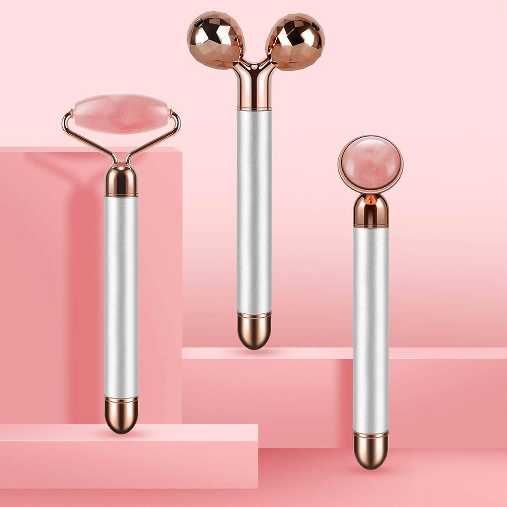 GLOWIN' Rose Quartz Vibrating Facial Derma Roller Kit