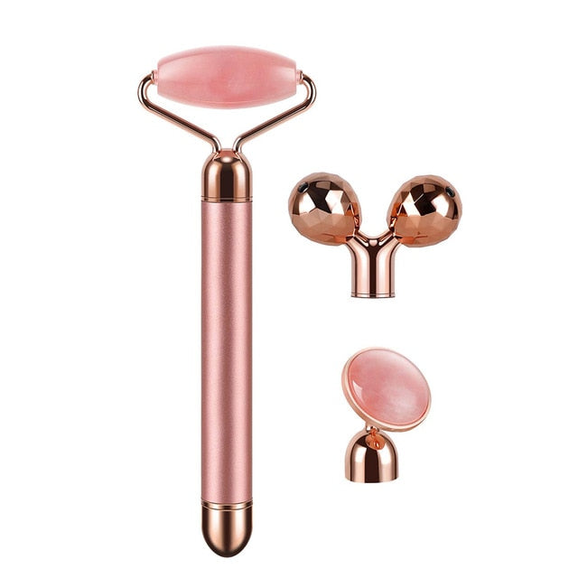 GLOWIN' Rose Quartz Vibrating Facial Derma Roller Kit