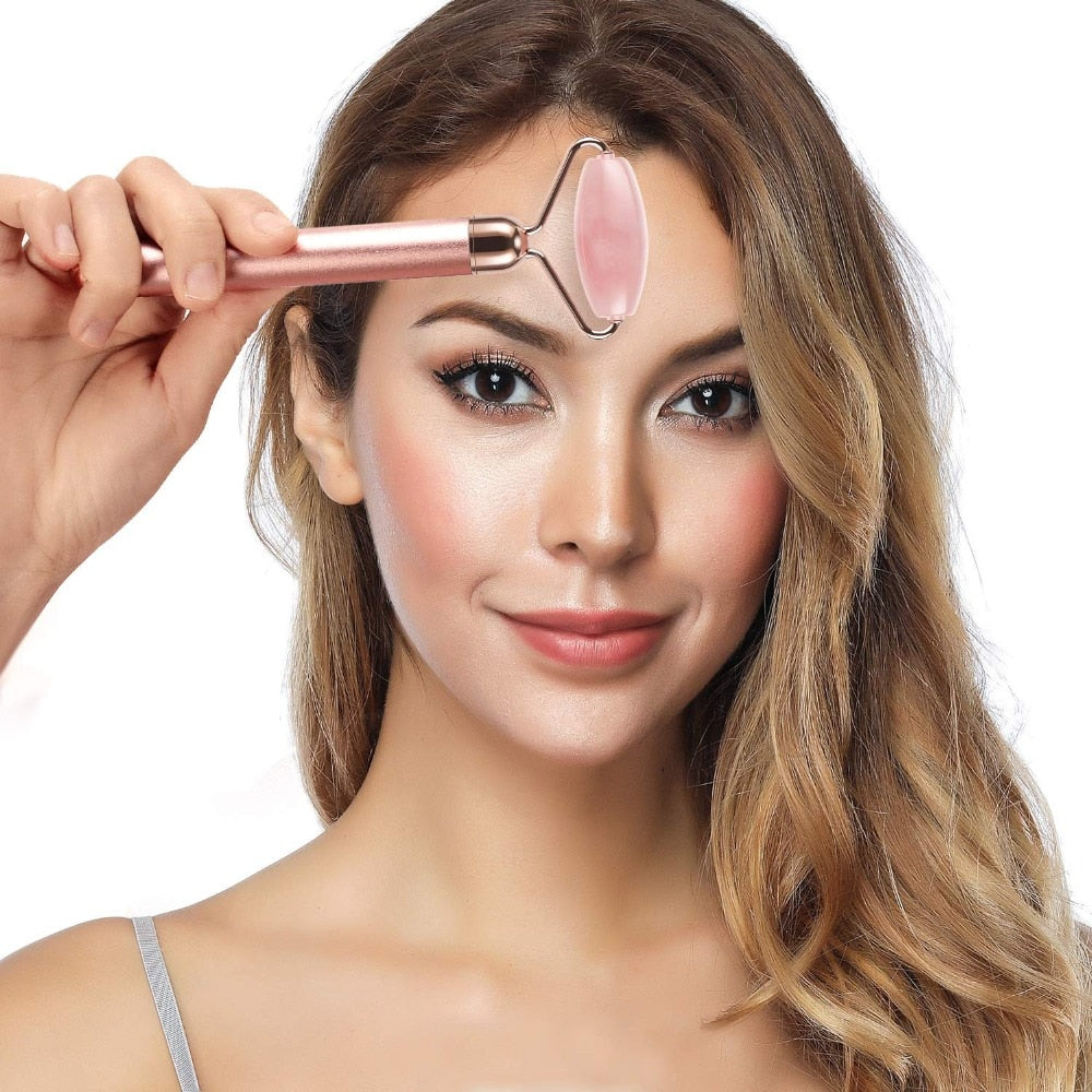 GLOWIN' Rose Quartz Vibrating Facial Derma Roller Kit