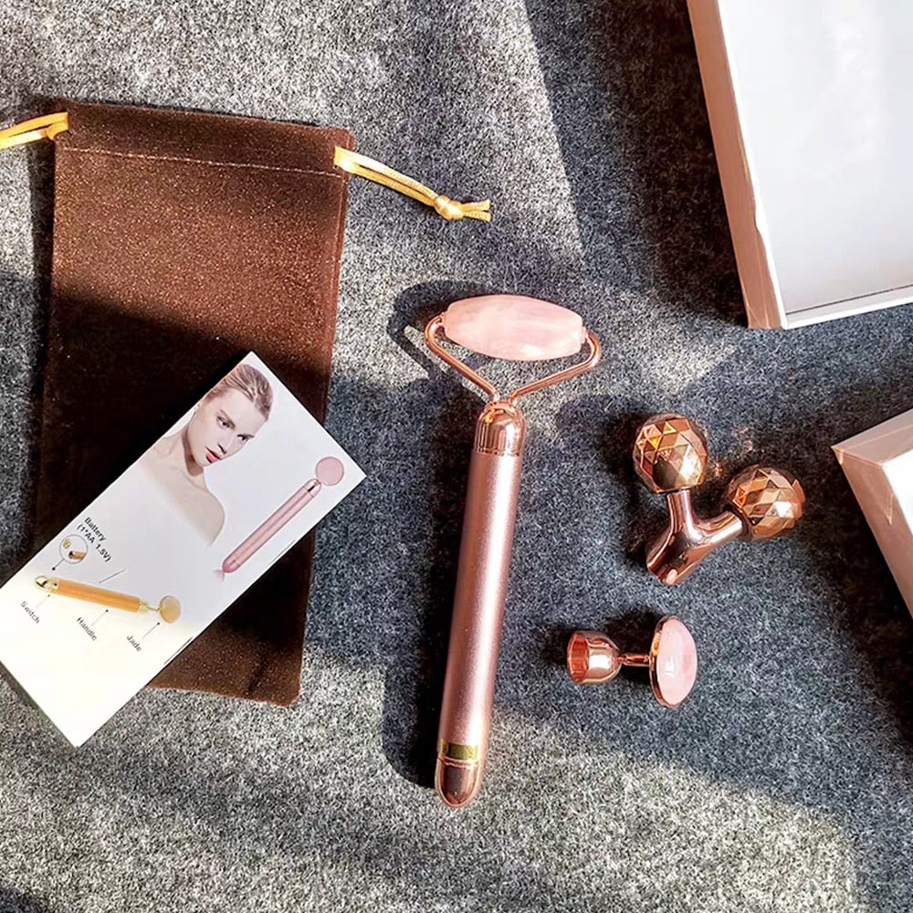 GLOWIN' Rose Quartz Vibrating Facial Derma Roller Kit