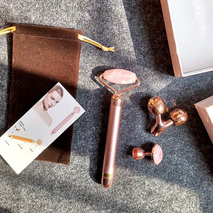 GLOWIN' Rose Quartz Vibrating Facial Derma Roller Kit